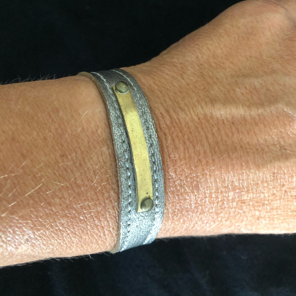 Pewter Leather Bracelet With Brass Detail